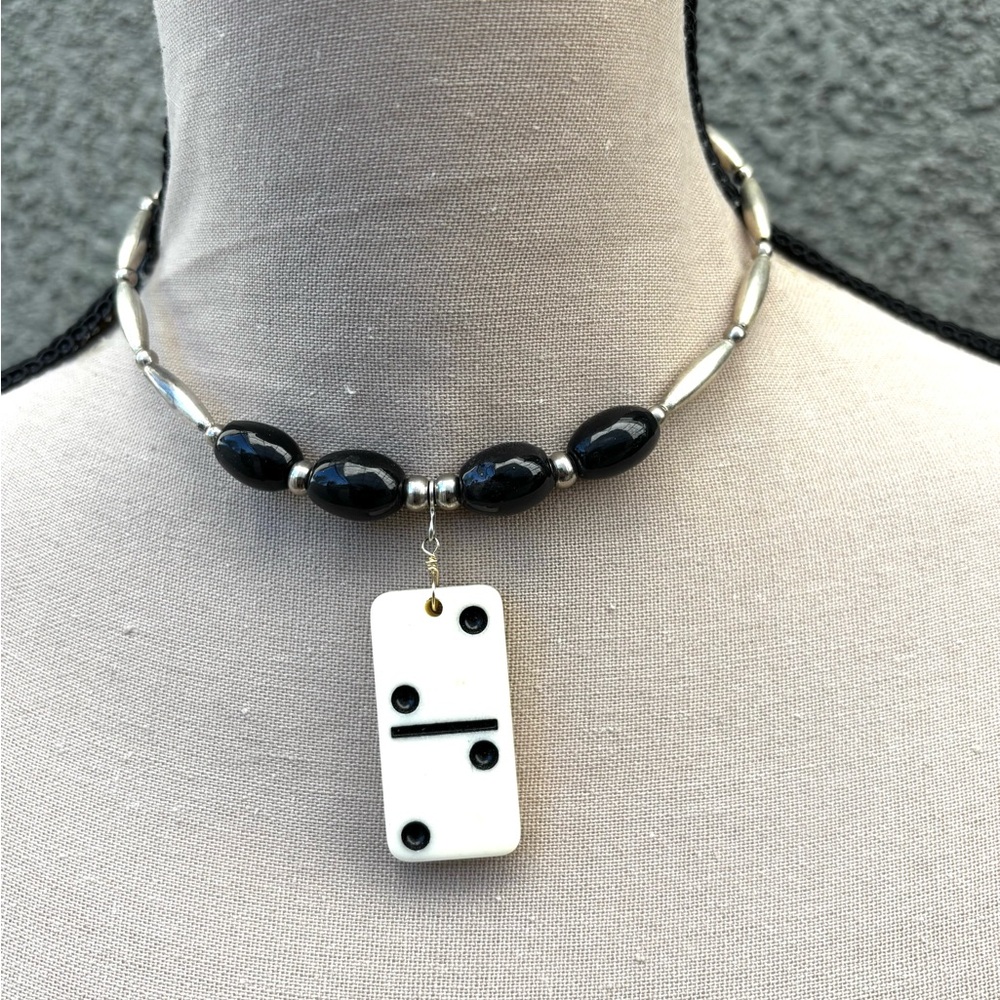 Handcrafted Black Bead Necklace with Domino Pendant